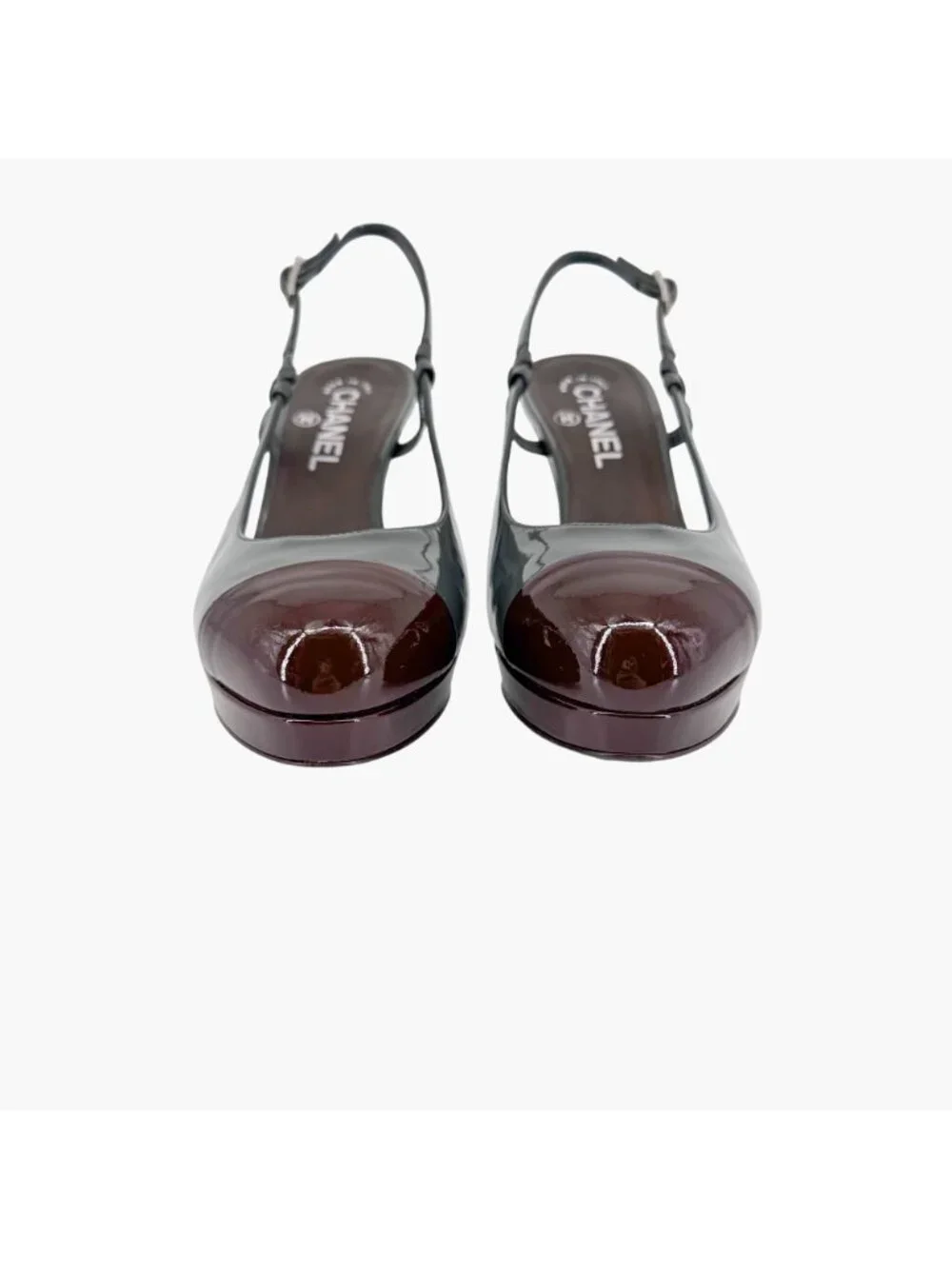 Chanel Gray Burgundy Patent Cap Toe Slingback Platform Pumps Size 37.5 US 6.5–7 - Picture 6 of 15